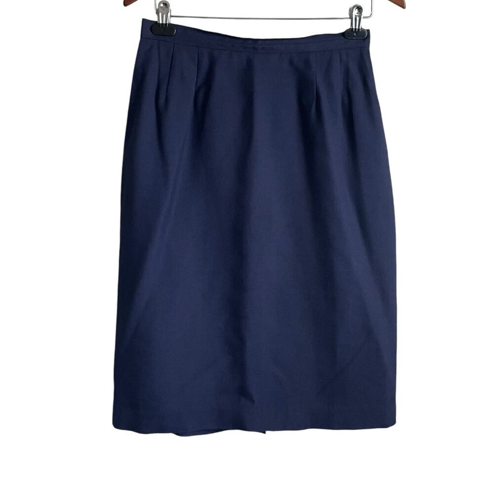 Vintage Women Academia Minimalist Pencil Skirt 10 Navy Blue Linen Blend Midi